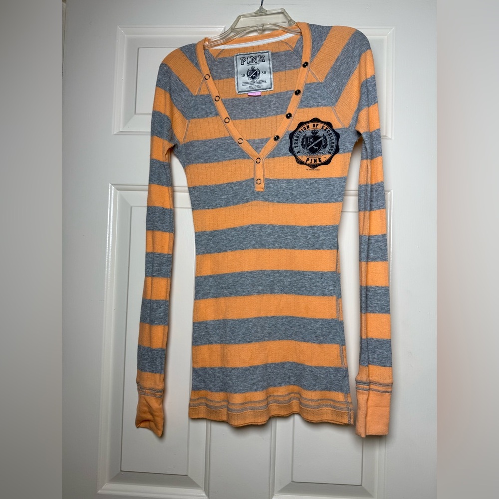 Victoria's Secret PINK orange and gray striped thermal long sleeve henley shirt